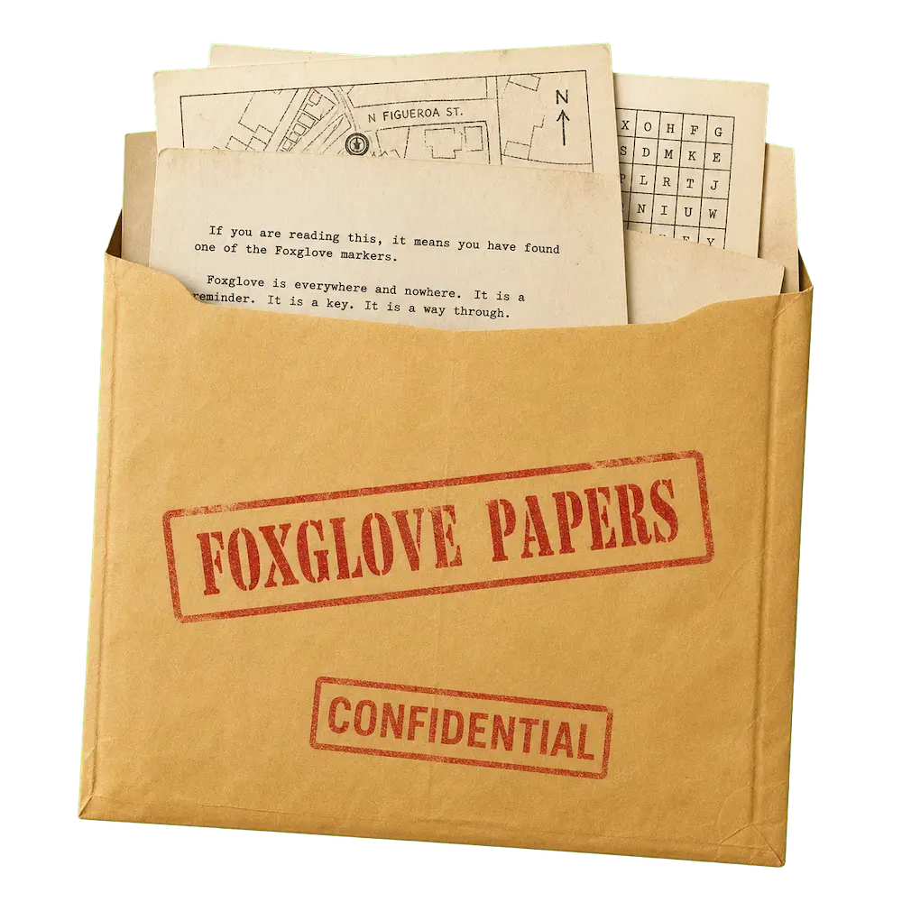 A manila folder labeled "The Foxglove Papers - Confidential" with papers sticking out.