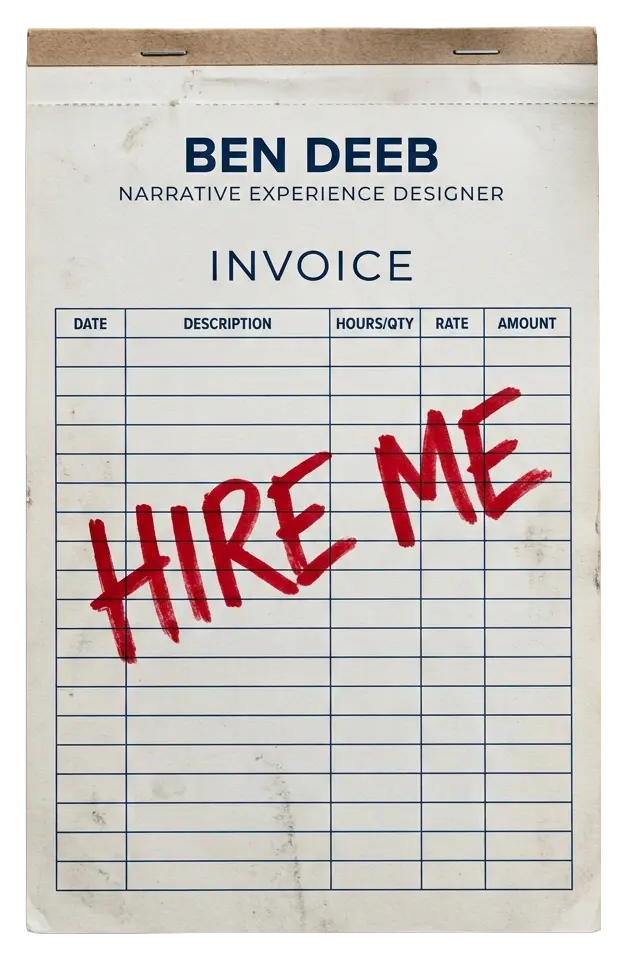 An invoice pad with "HIRE ME" scrawled across it in red marker.