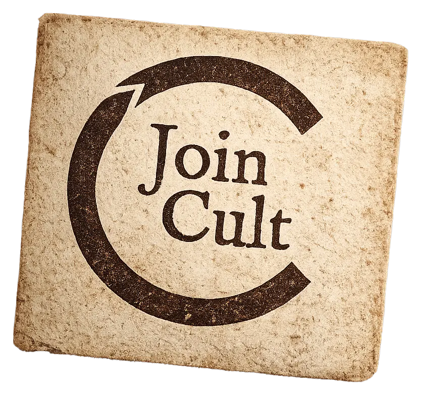 A symbol of the letter C with the words "Join Cult" inside. It represents a snake eating its tail, severed.