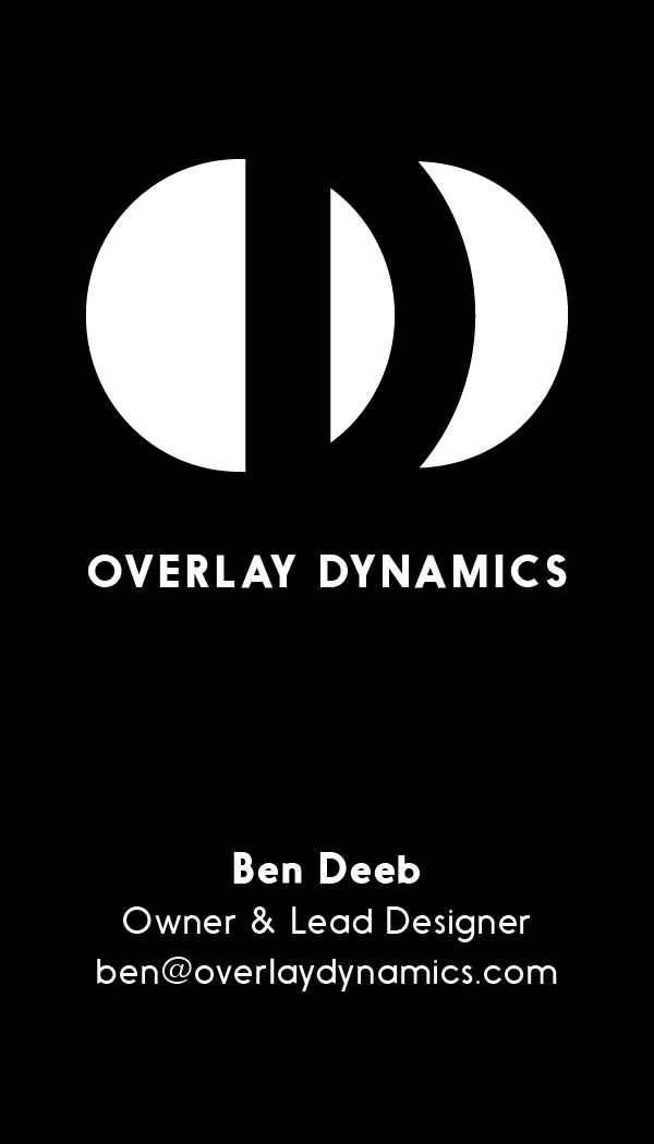 An Overlay Dynamics business card.