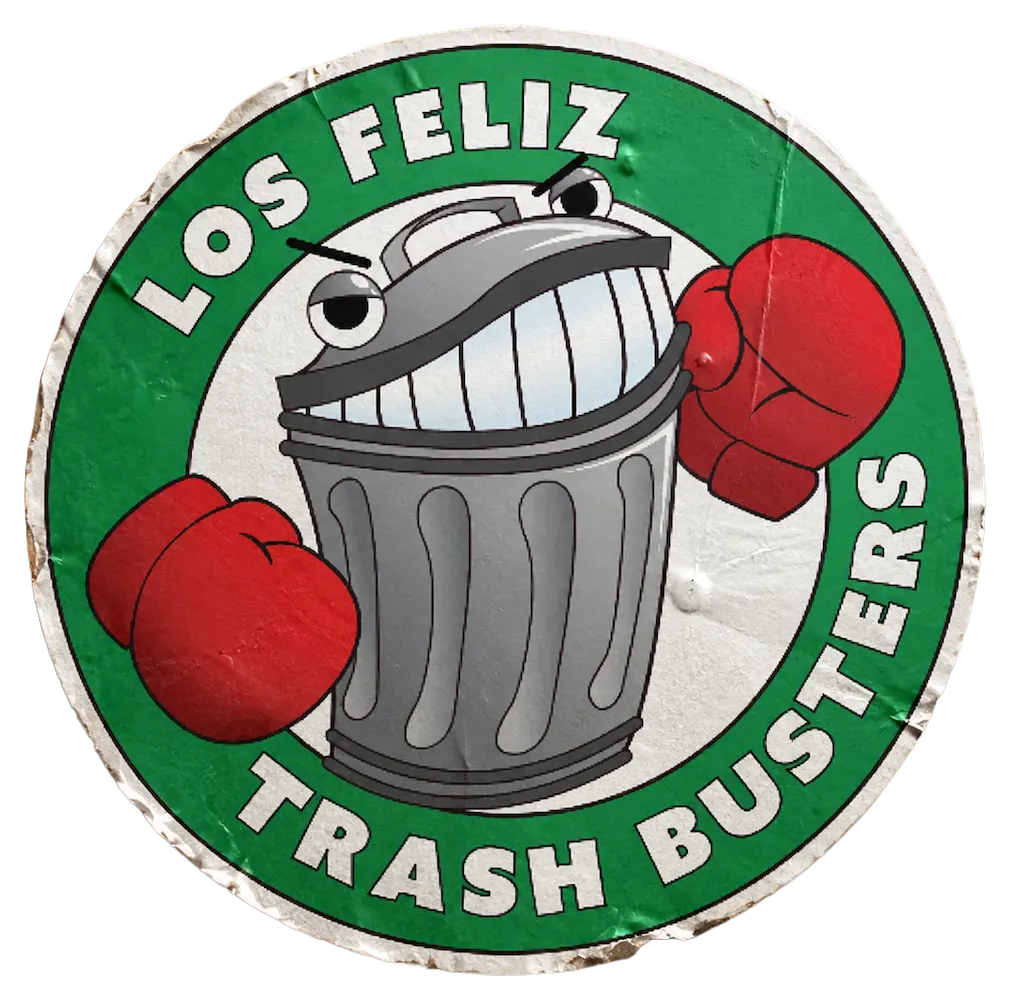 A sticker of the Trashbusters logo.